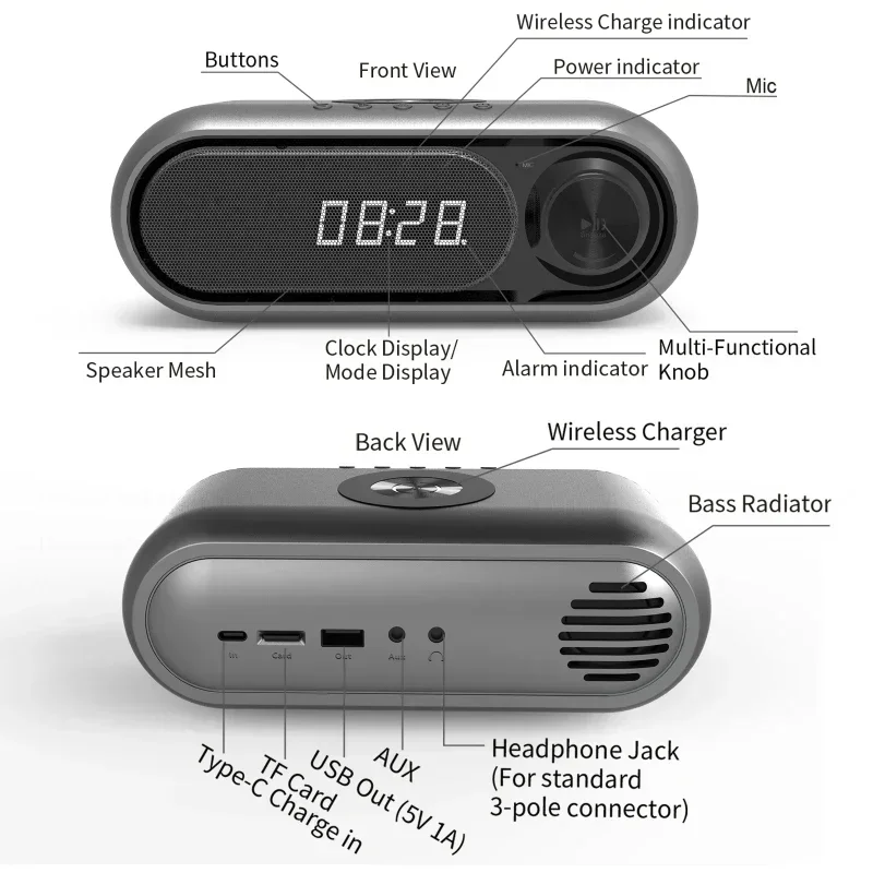 Soundbar Hifi Music Box Bluetooth Speaker Clock Soundbar Home Bedroom Student Clock Wireless Dual Alarm Support Tf Card Radio Fm