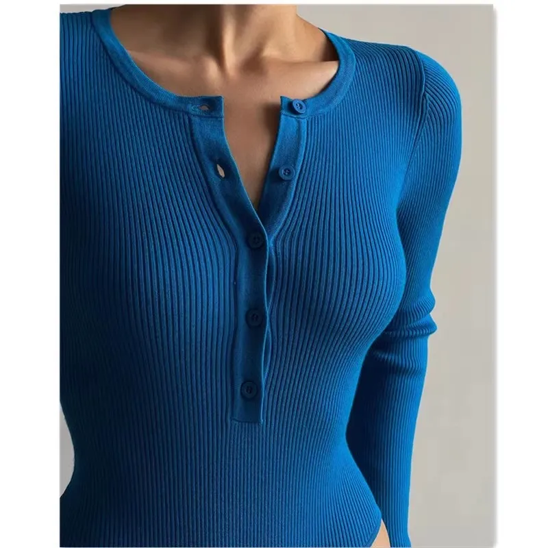 

European and American ins style long sleeved round neck breasted T-shirt jumpsuit for women, minimalist slim fit, versatile bott