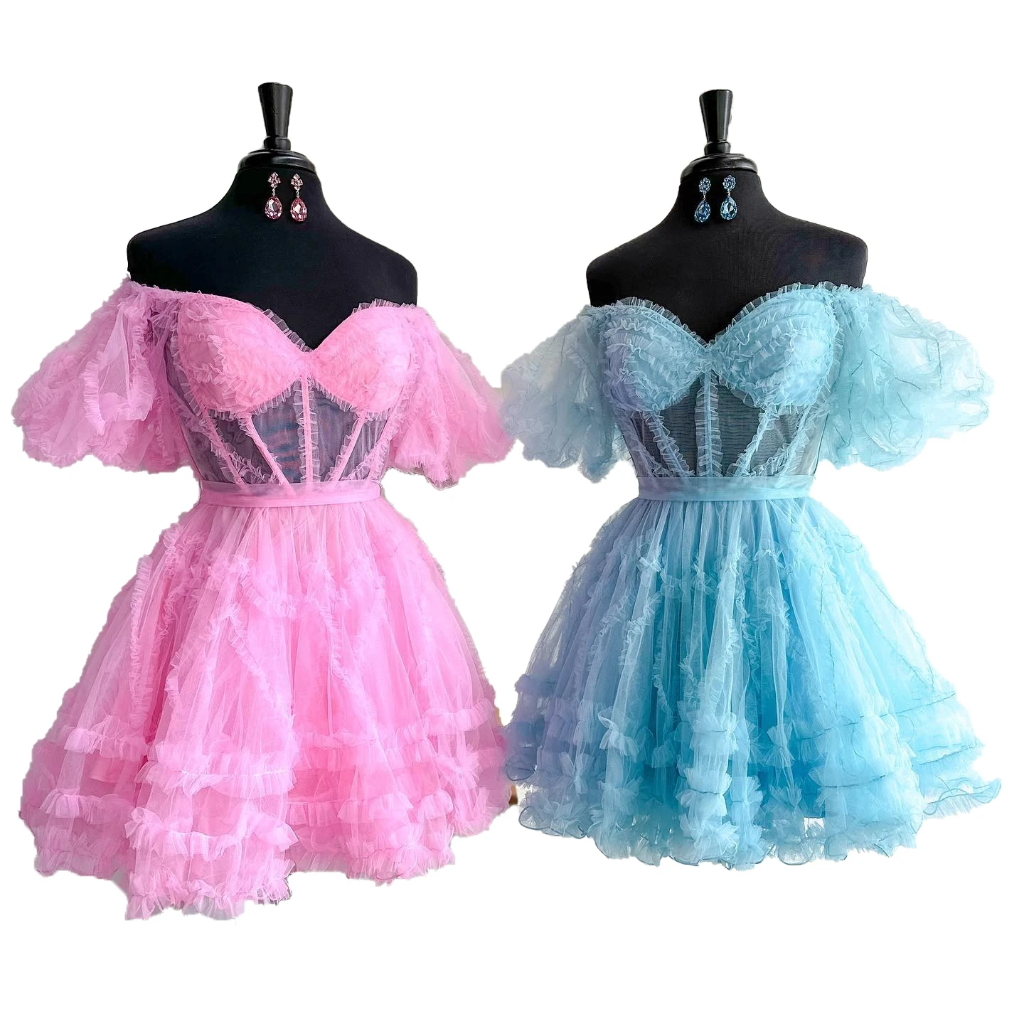 Pink Homecoming Dress 2 K23 Short Hoco Ruffed Ballon Sleeves Drama Graduation Cocktail Party Wedding Guest Holiday Gown Blue