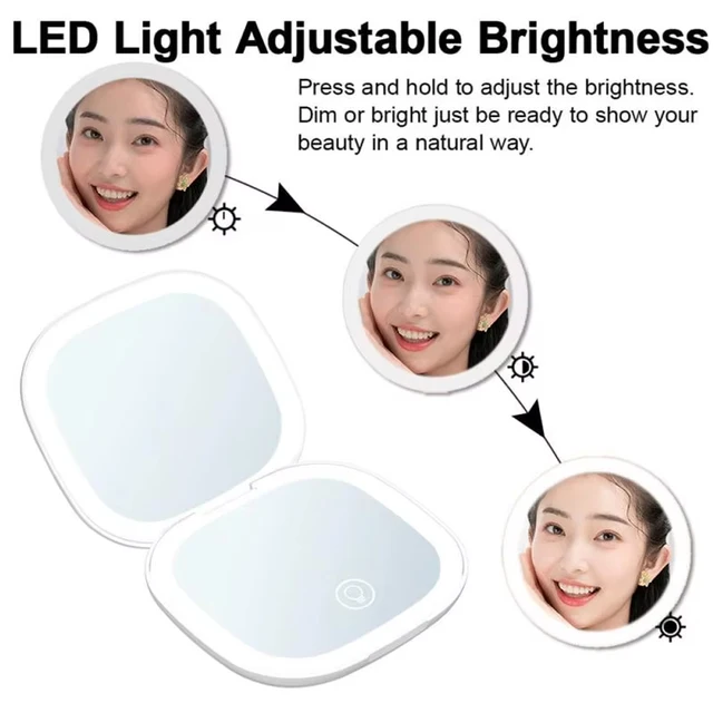 2 côtés du visage tactile Compact Led 3 couleurs Mini pliable Charge cosmétique miroir de maquillage avec lumière 5X grossissement Compact portable 4