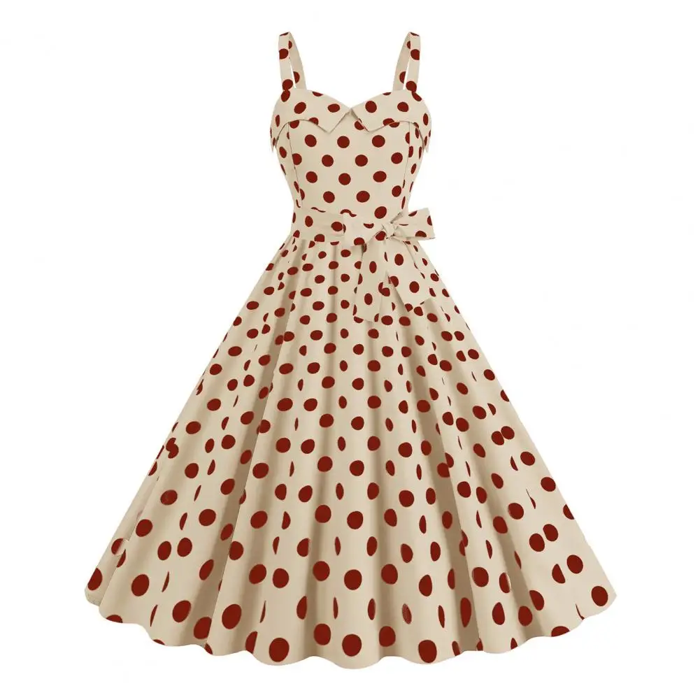 

Halter Dress Retro A-line Swing Dot Print Dress Vintage 50s Style with Contrast Color Elastic Bust Backless Design Summer