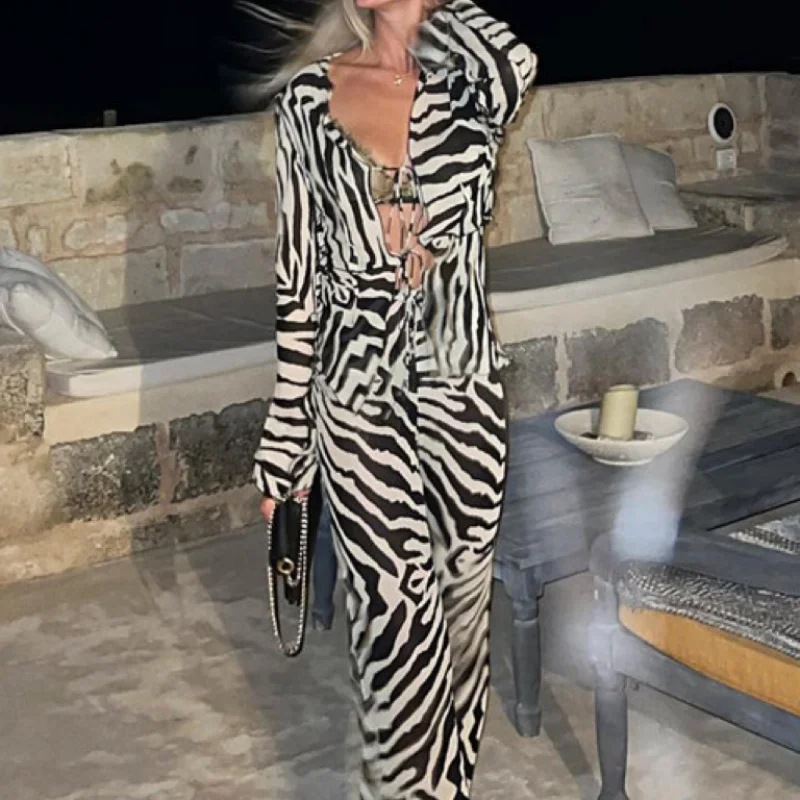 Two Piece Set 2023 European American Women's Striped Sexy Strapping Printed Long Sleeved Shirt Top Casual Strapping Pants