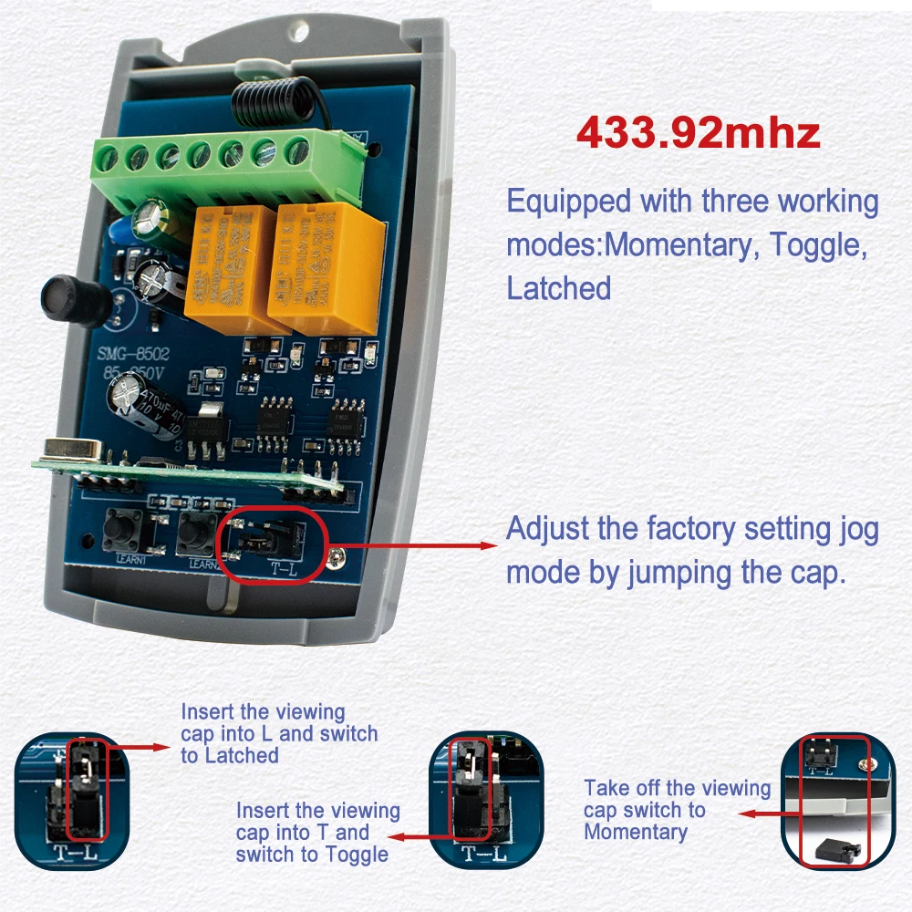 

2CH Universal Garage Door Remote Control Receiver 7-32V 85-250V 433.92MHz Fixed Rolling Code for Momentary Toggle Latched