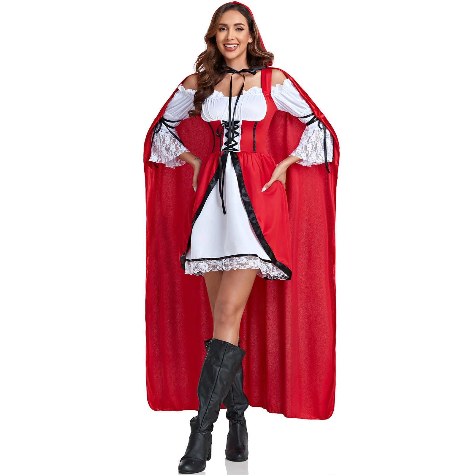 

Anime Red Little Riding Hood Costume For Women Carnival Christmas Halloween Party Mini Dress Hoodie Cape Adult Role-Playing