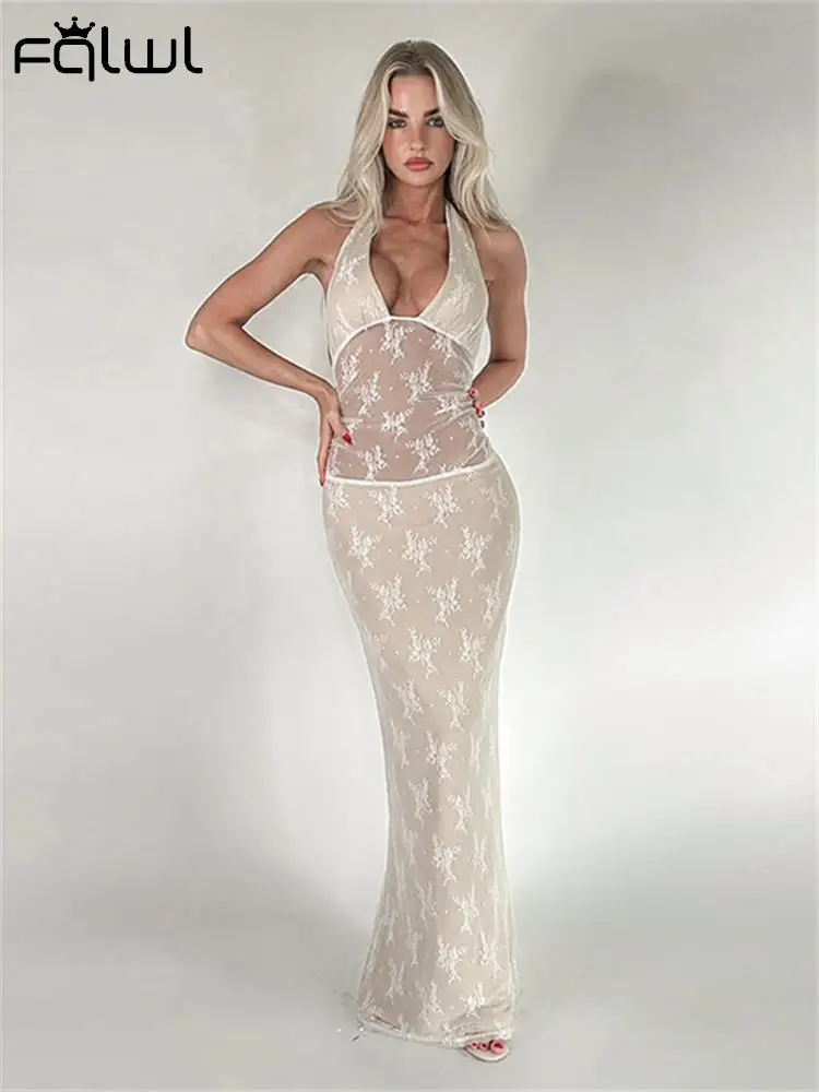 

Habbris Sexy White Halter Bodycon Long Dress Party Outfit For Women 2024Spring Sleeveless Lace Maxi Dress Backless Evening Dress