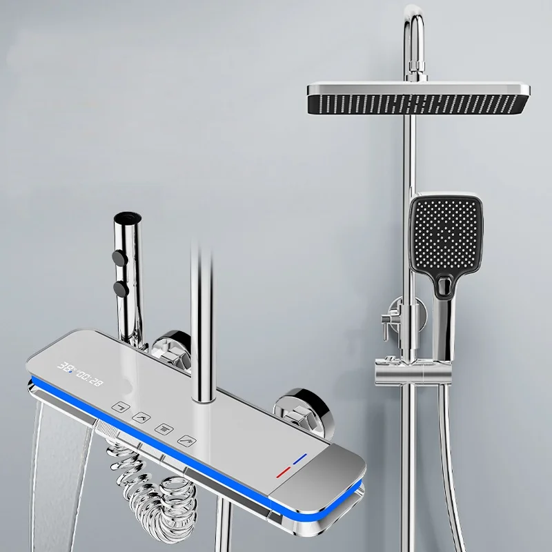 ชุดระบบฝักบัวอาบน้ำอัจฉริยะพร้อมจอแสดงผลดิจิตอล LED ควบคุมอุณหภูมิ ฝักบัวแบบเรนชาวเวอร์  วัสดุทองเหลือง พร้อมไฟ 1