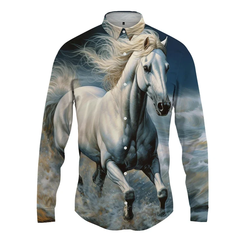 

Hawaiian Long -sleeved Shirt Streets Harajuku Men's Spring Autumn Fashion Men's Button Shirt 3D Horse Print Camisas De Hombre