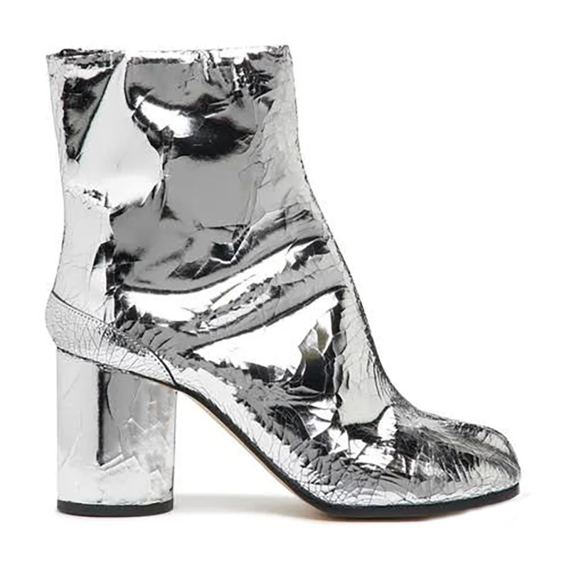 

New Silver Ninja Tabi Boots Women Round High Heels Women Split Toe Ankle Boots Party Tabi Shoes Women Fashion Botas de mujer