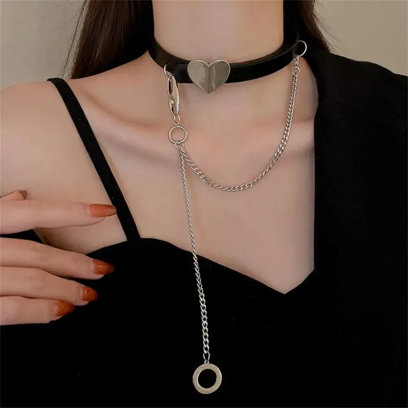 Manfnee PU Leather Choker Punk Emo Heart Pendant Chain Choker Collar  Necklace for Women Adjustable