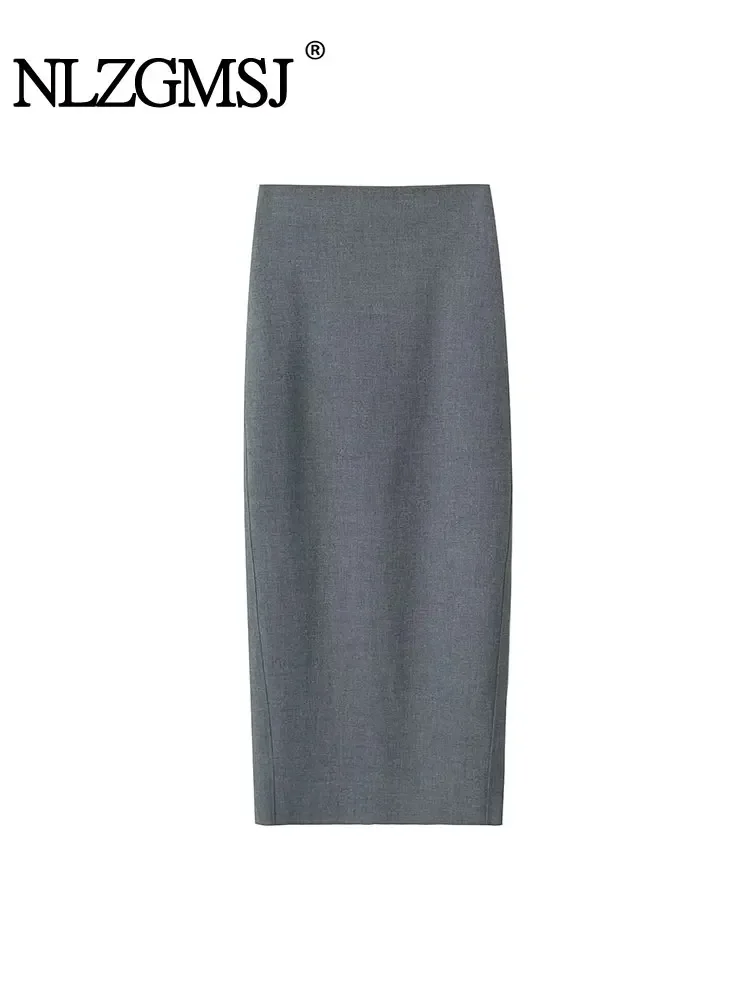 

Nlzgmsj TRAF Elegant Grey Women Suit Skirt 2023 Autumn Vent Behind Zipper High Waisted Package Hip Female Midi Long Skirts Y2K