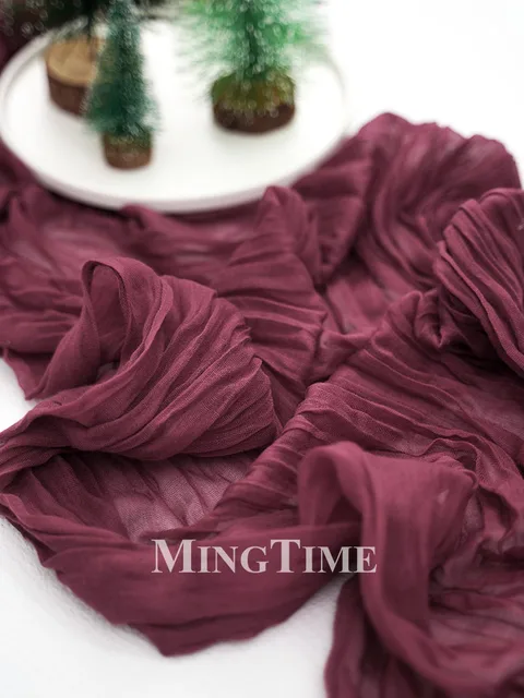 Retro Style Burgundy Pleated Table Runner Semi-Sheer Gauze Material Adding Nostalgic Charm to Weddings Parties and Christmas