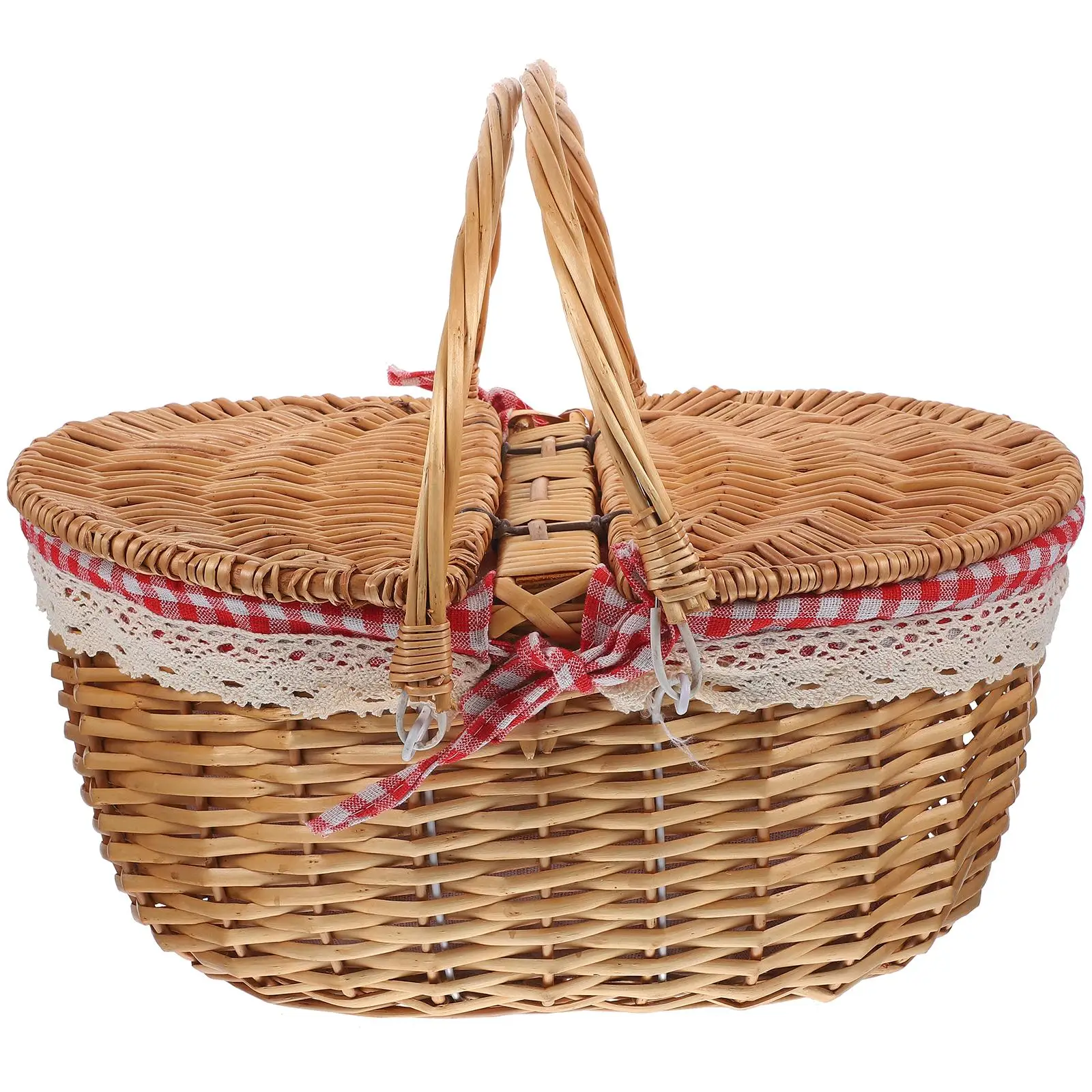 Wicker Picnic Red Grid Decorative Baskets For Home Decor Portable Storage Woven Basket Home Decor Gift Rustic Woven Handles 3