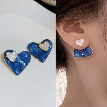 925 Silver Needle Korean Fashion Dropping Oil Blue Heart Earrings For Women Jewelry 2025 Trending New Women's Stud Earrings Gift
