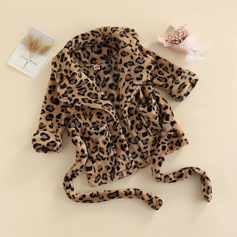 Toddler Baby Flannel Bathrobe Solid /Leopard Print Pocket Robe with Belt for Girls Boys Infant Towels Children Robe With Belt