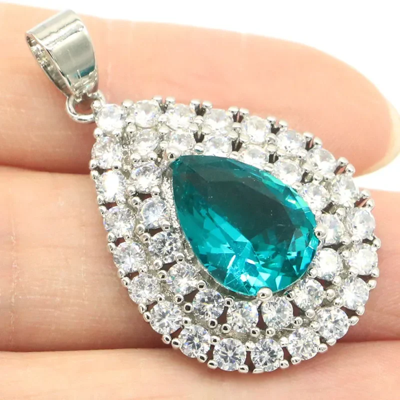 6g Real Customized 925 Solid Sterling Silver  PENDANT Drop Shape Spessartine Garnet Rich Blue Aquamarine London Blue Topaz CZ Gi