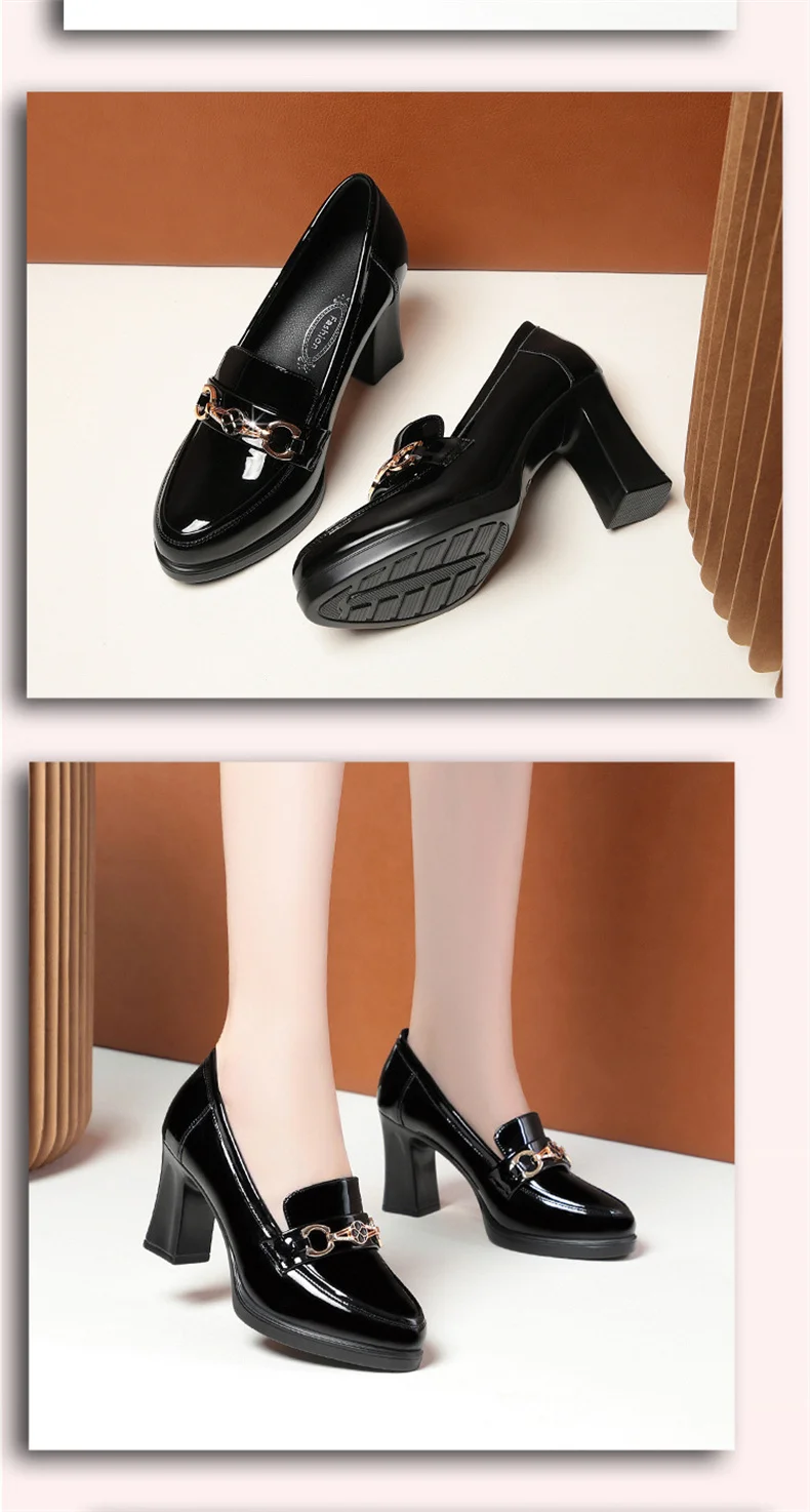 Spring New High Heels Dress Shoes Pointed Toe Woman Pumps Black Medium Heel Patent Slip on Square Heel Leather Shoes
