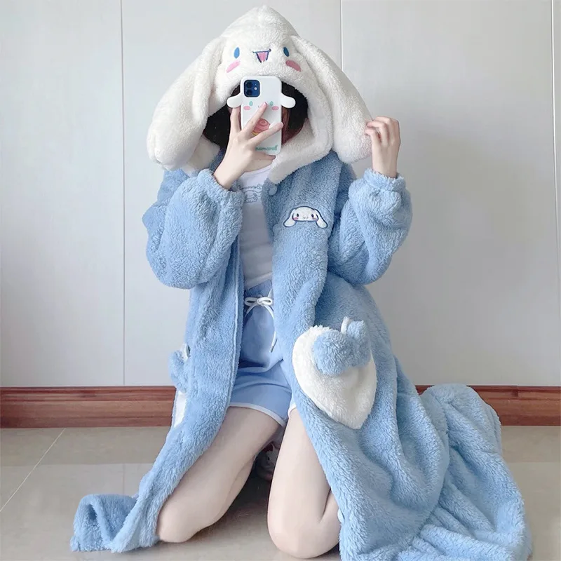 

Kawaii Sanrios Cinnamoroll фланелевая ночная рубашка 2022 зимняя новая свободная Удобная теплая Пижама женская милая и милая домашняя одежда