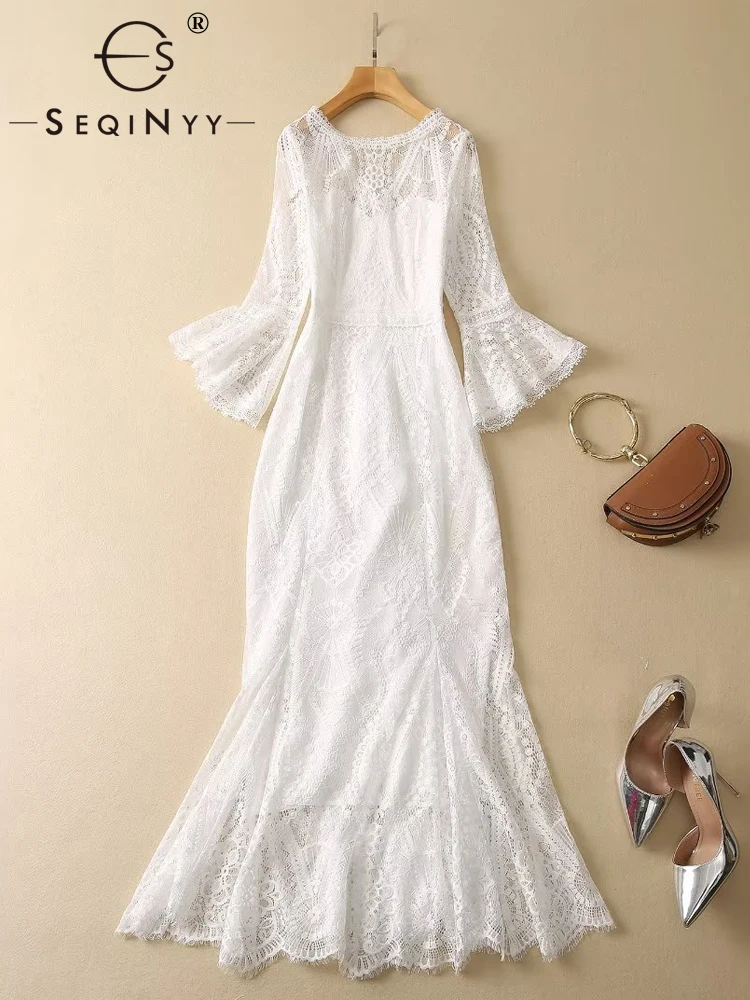 

SEQINYY Party Lace Dress Summer Spring New Fashion Design Women Runway High Street Slim Flare Sleeve White Flowers Elegant