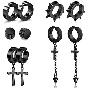 WKOUD 1-15 Pieces Clip On Earrings Set For Men Stainless Steel Black Fake  Piercing Mens Hoop Non-piercing Earrings