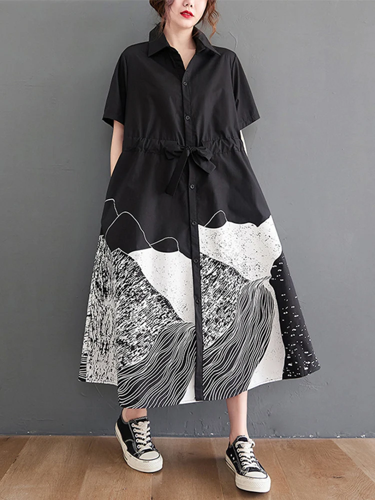 Black Print Pattern Shirt Dresses For Women New Korean Fashion Sash Short Sleeve Casual Loose Vintage Summer Dress Clothing 2025