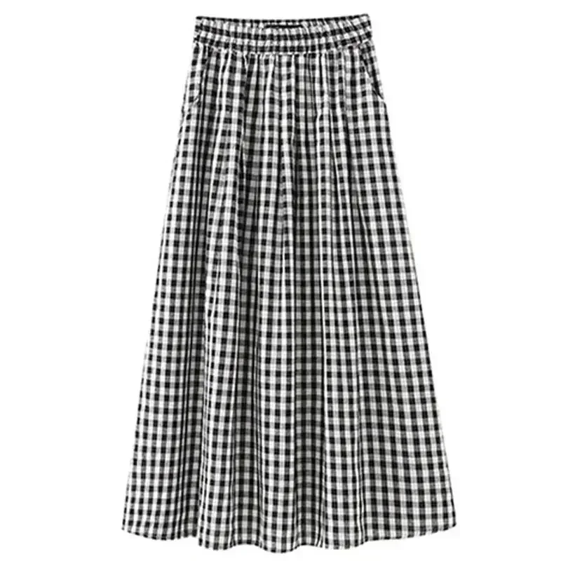 Women A-line Skirt High Waist Slim Summer Pocket Long Skirts Black White Lattice Cute Sweet Girls Half Skirt Girls Clothing