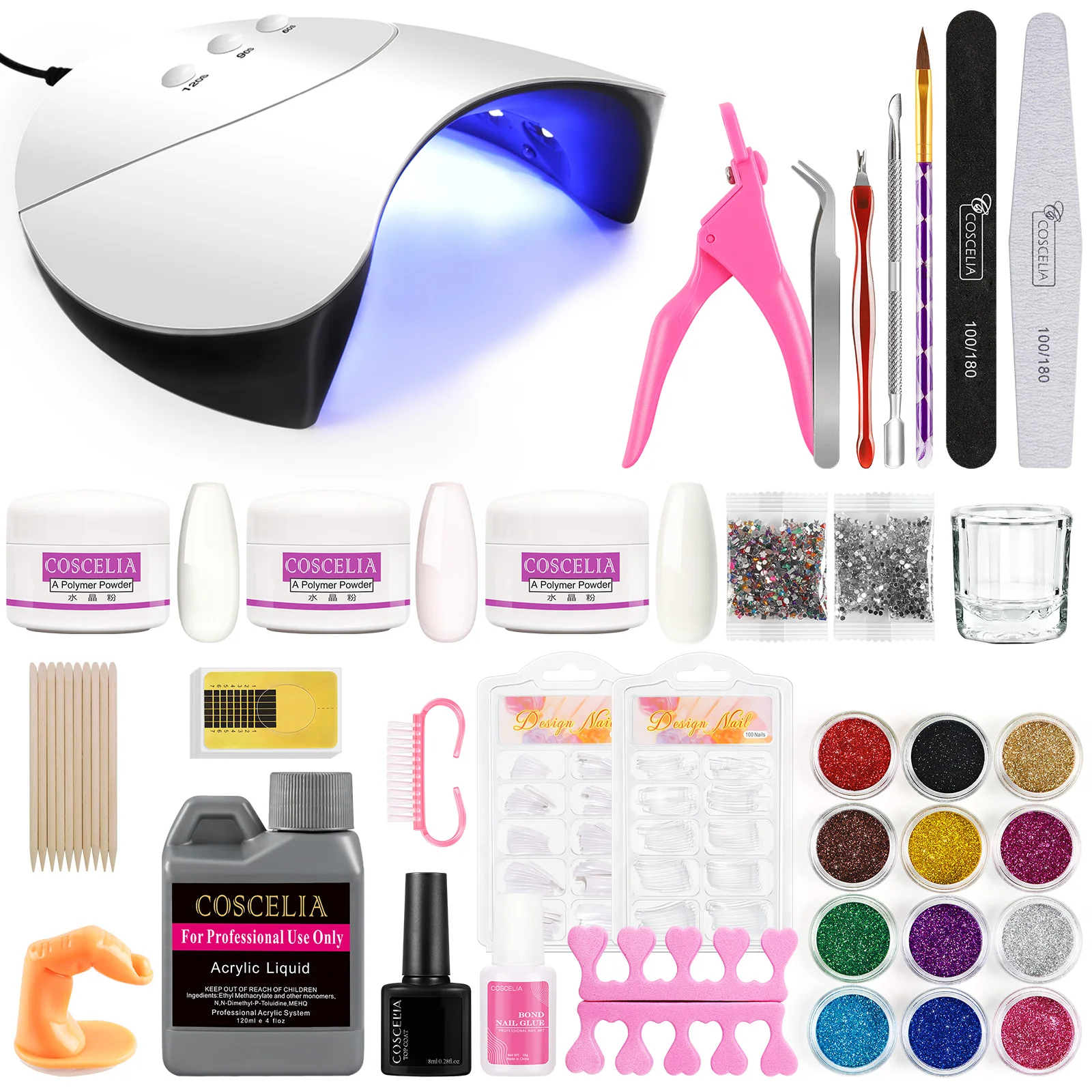 

COSCELIA Acrylic Nail Art Kit Full Manicure Set With UV LED Lamp Nail Decoration Kit Acrylic Liquid Glitter Powder Nail Tools