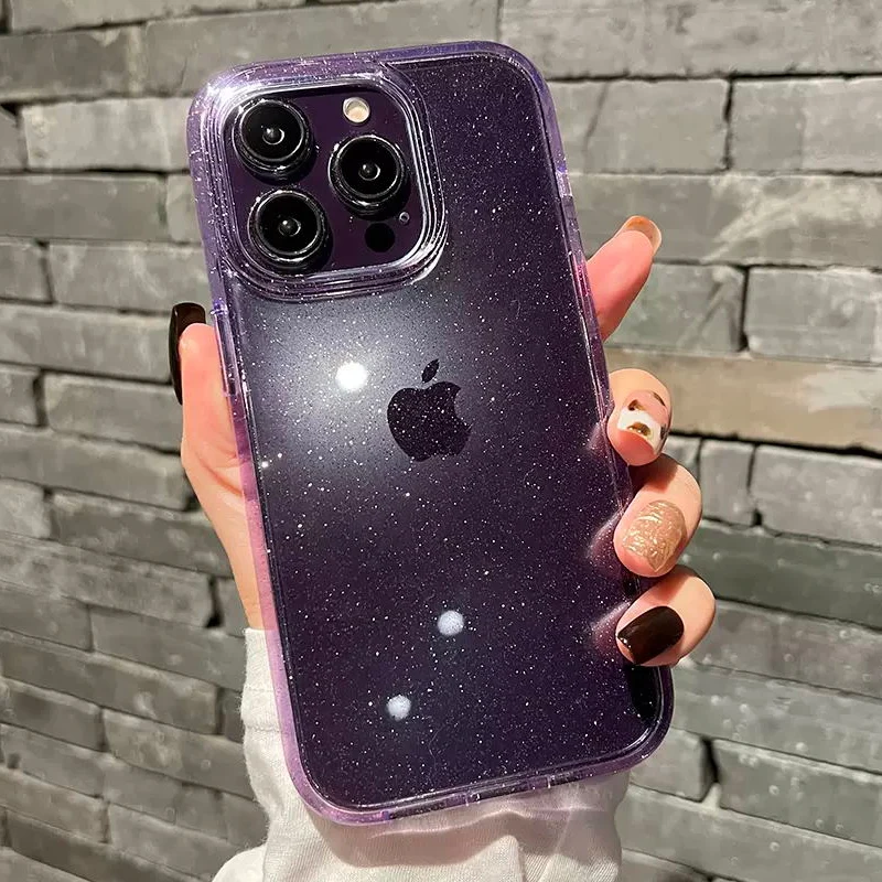 Para iPhone 14 13 15 Pro Max Funda transparente a prueba de golpes con  purpurina