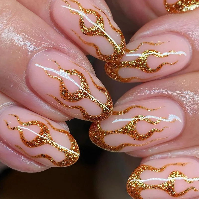 

24Pcs/Set False Nail Gold flame Fake Nail Tips Full Cover Acrylic False Nails Decoration For Nail Tips Beauty