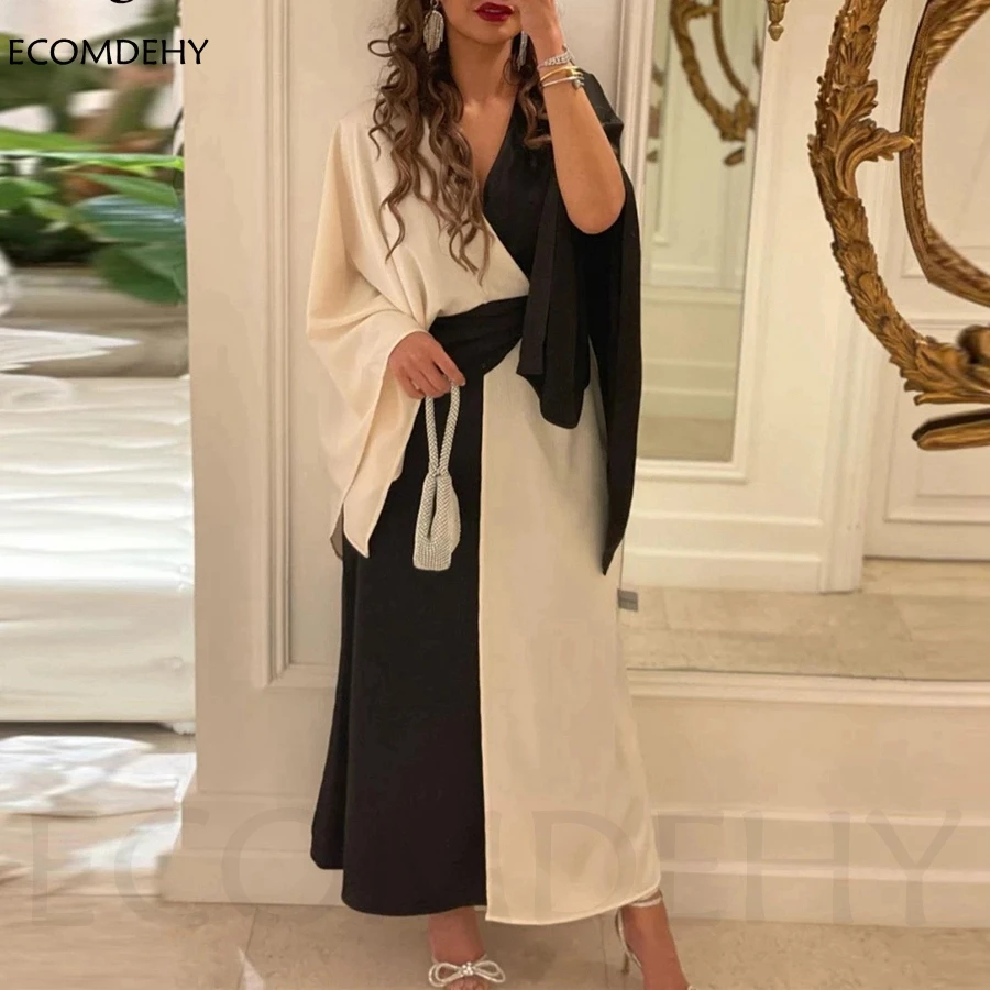 

Новое поступление бежевое черное шелковое атласное вечернее платье с V-образным вырезом сдержанные женские платья для выпускного вечера с длинным рукавом в саудовском стиле