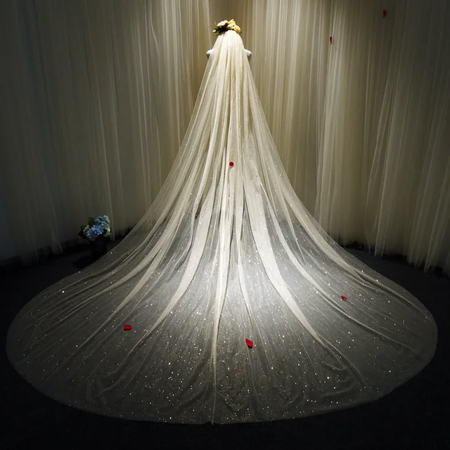 Bling Bling Bridal Veils Sparkly Long Cathedral Gliters Wedding Veil With Comb 1 Tier velo de novia 350cm