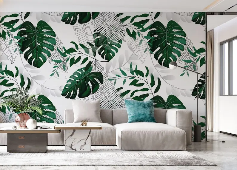 

Dark Green Big Leaves Watercolor Tropical Wallpaper, Monstera Leaf Pattern Removable Wall Mural, Abstract Manstera Leaf Wallpape
