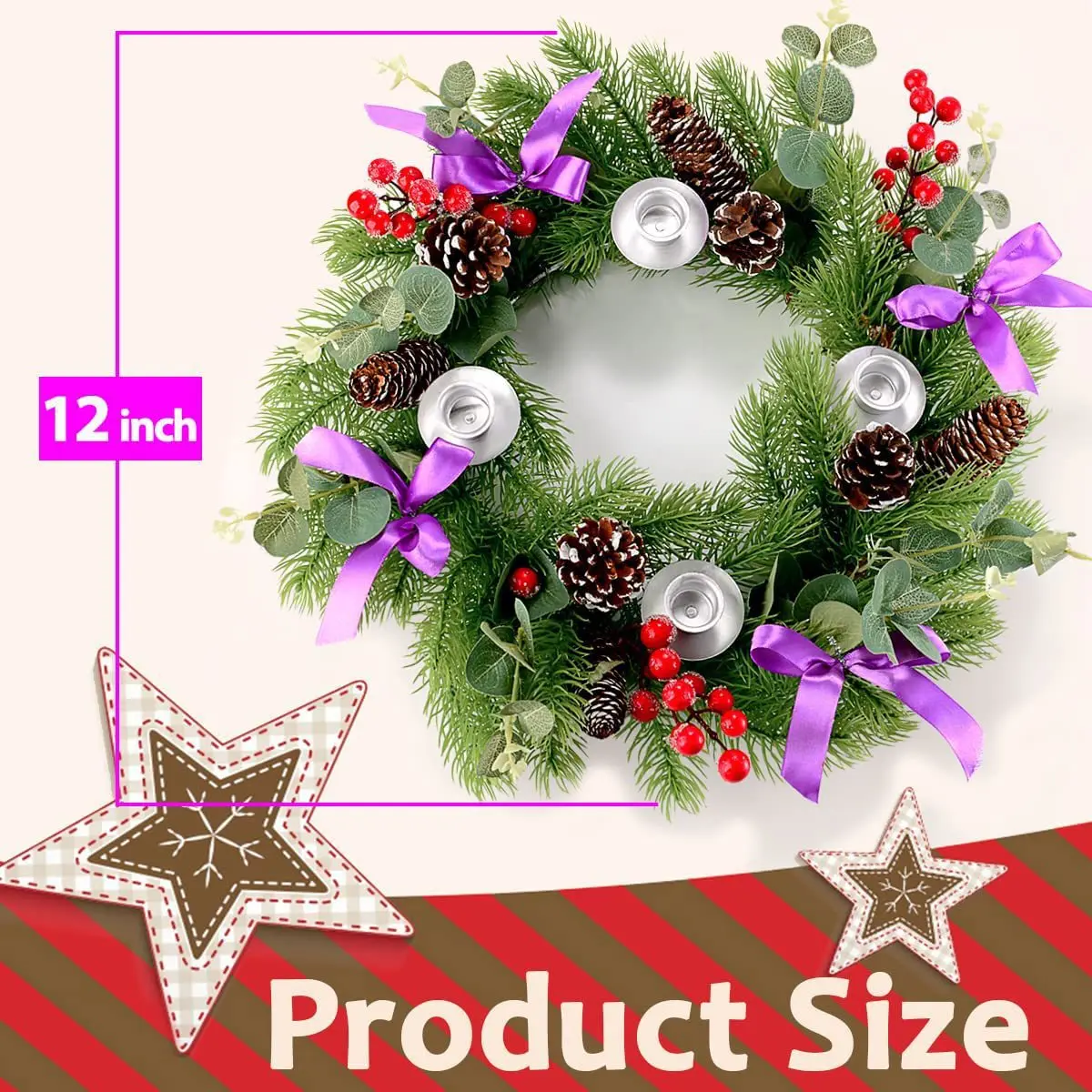 Ribbon Christmas Wreath Window Door Hanging Christmas Candle Holder Garland Candle Cup Christmas Rattan Decoration