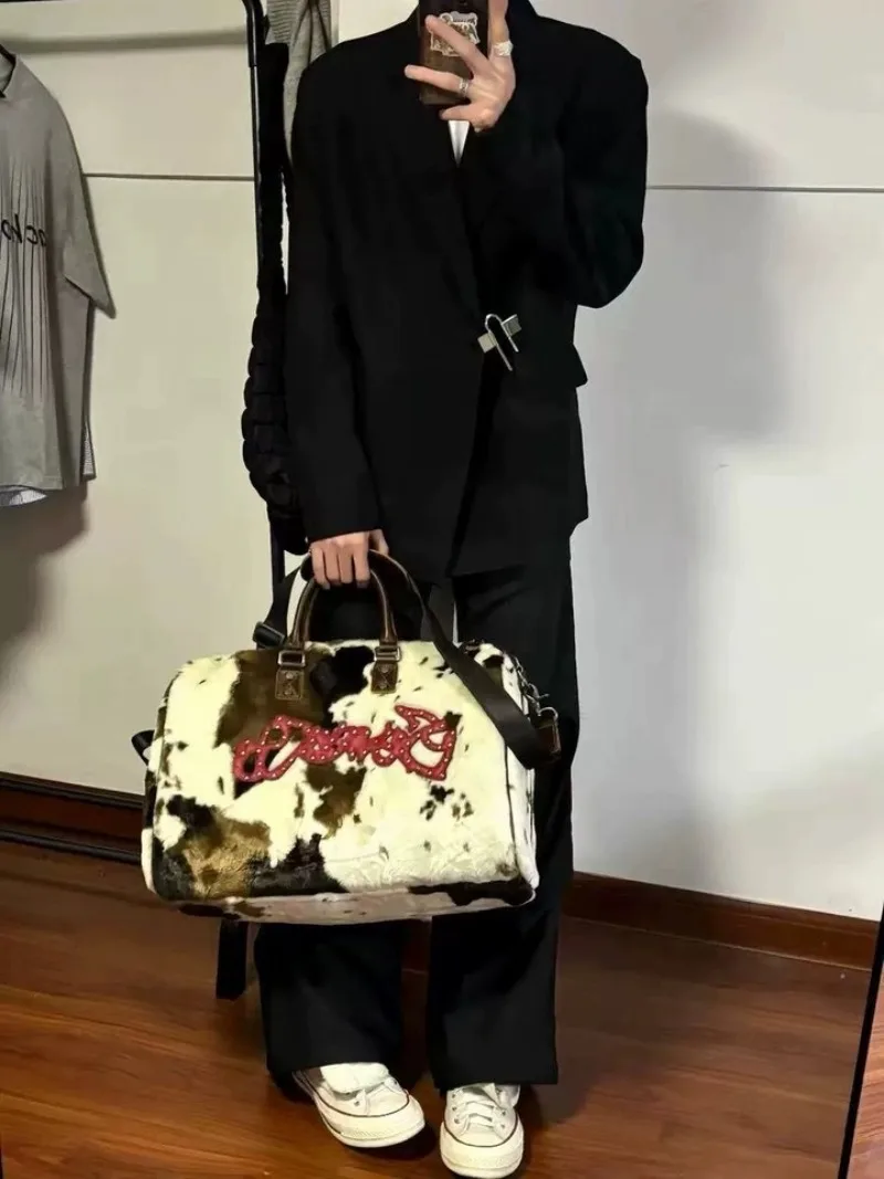 Women Soft Plush Hand Bag New Winter Leopard Cow Print Tote Bags Female Pu Leather Underarm Bags Furry Fluffy Shoulder Bag