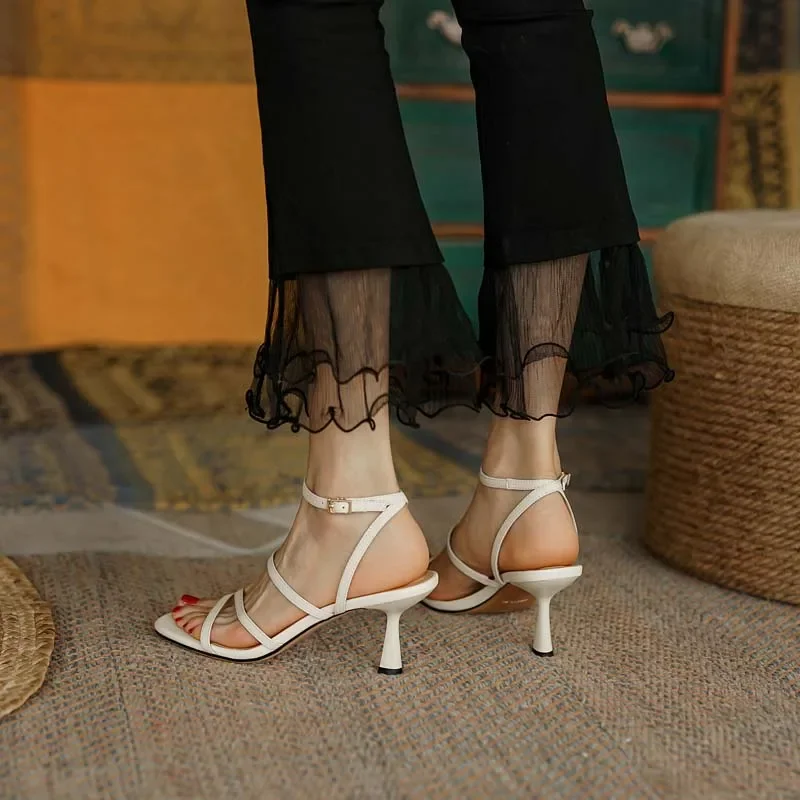 Women's Summer Ankle Strap Sandals Open Toe High Heels Party Lady Fashion Beige Apricot One Word Buckle
