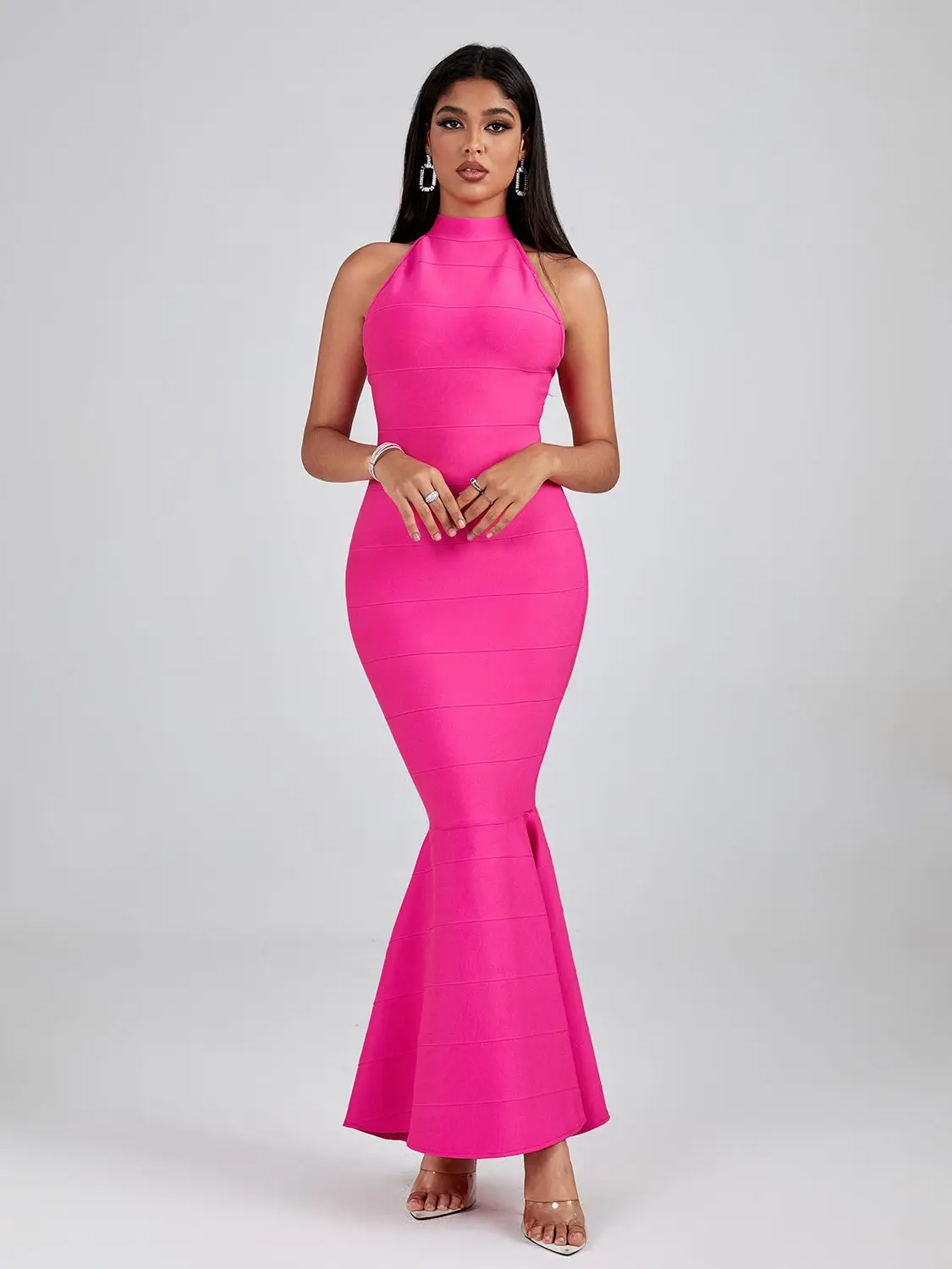 LongBandageDressMaxiWomenPinkPartyDressBodyconElegantMermaid