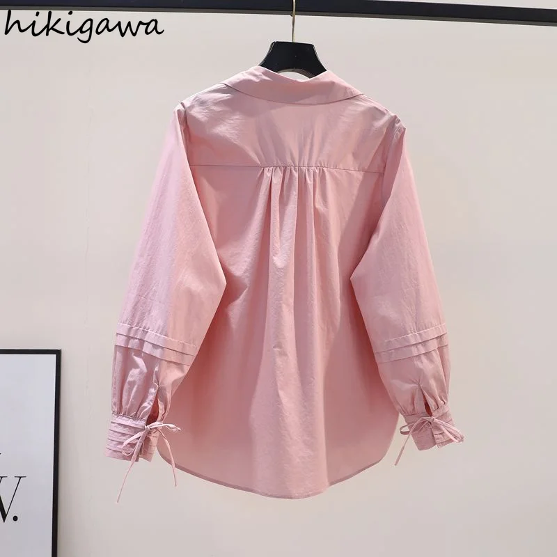 Vintage Blouse for Women 2025 Faldas Mujer De Moda Summer Oversized Tops Folds Bandage Long Sleeve Fashion Shirts Blouses 27p880