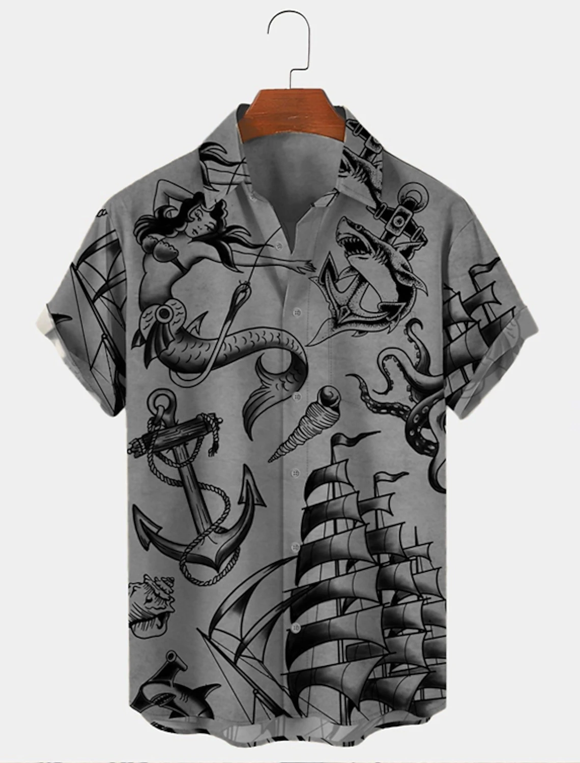 New Men's Short Sleeve Shirt Sailing Print Men's Hawaiian Lapel Top Beach Casual Large Size Comfortable Shirt