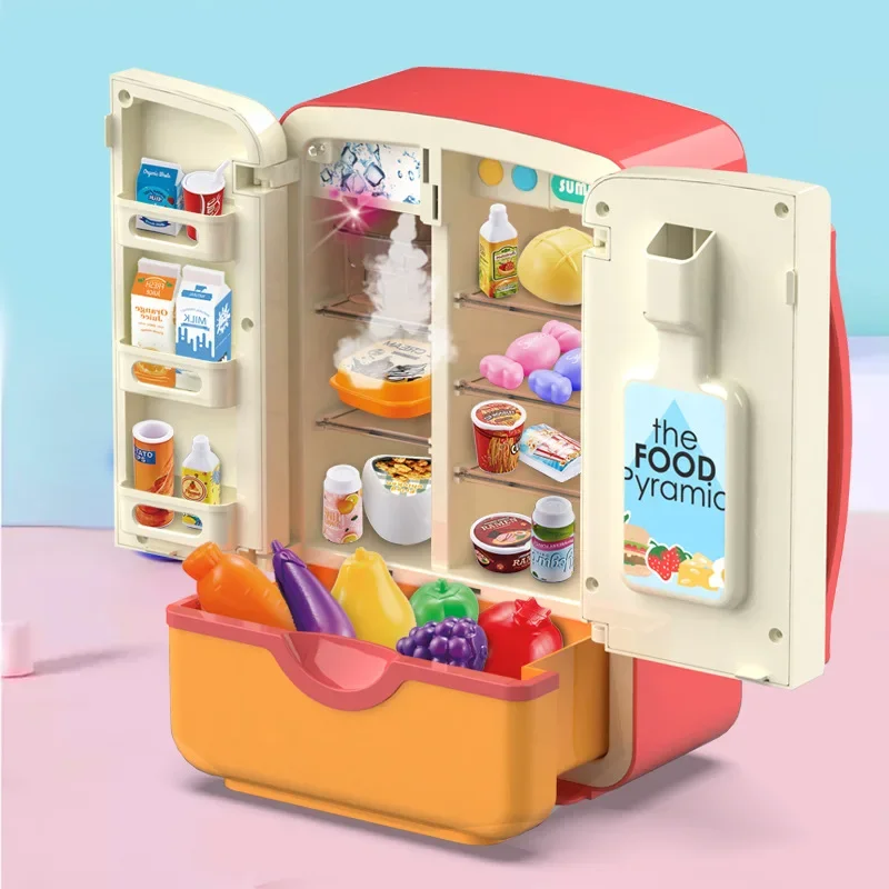 Mini Double Door Refrigerator Simulation Fridge Kitchen Furniture Pretend Play Educational Toy Light Spray Music Children's Gift
