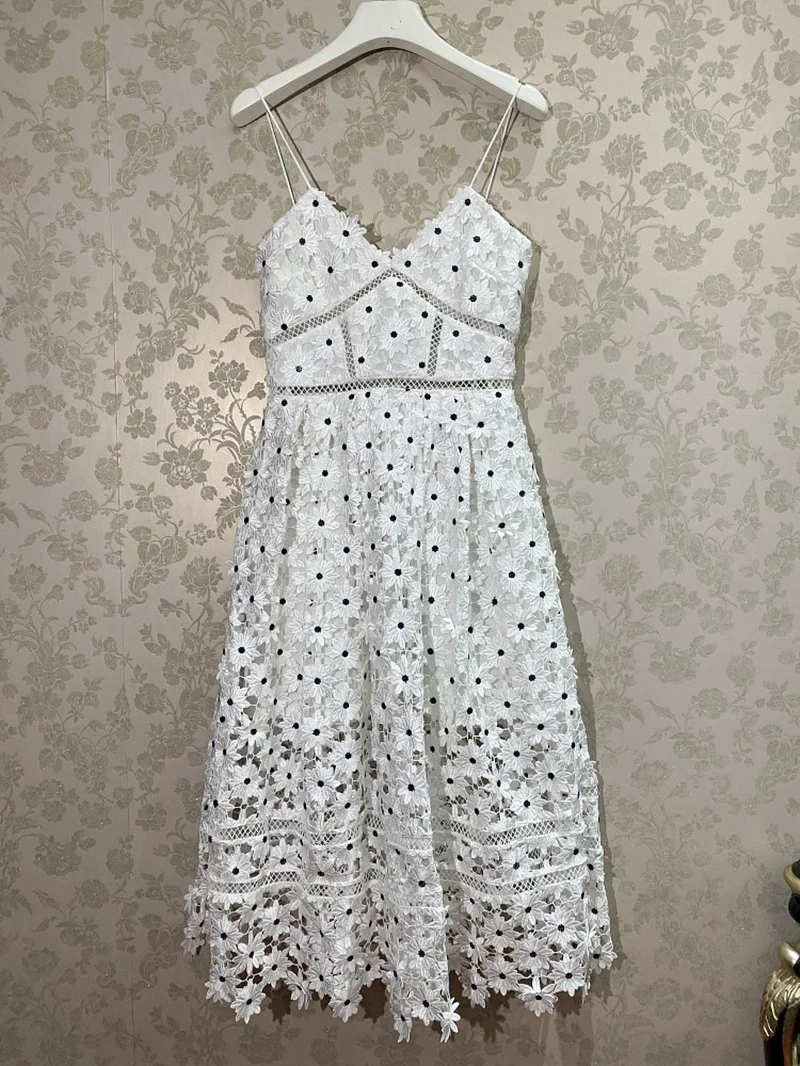 

2022 Summer Women White Sexy Lace Dress Flower Embroidery Black Dots Midi Dress Party Night Evening Long Vestidos Female