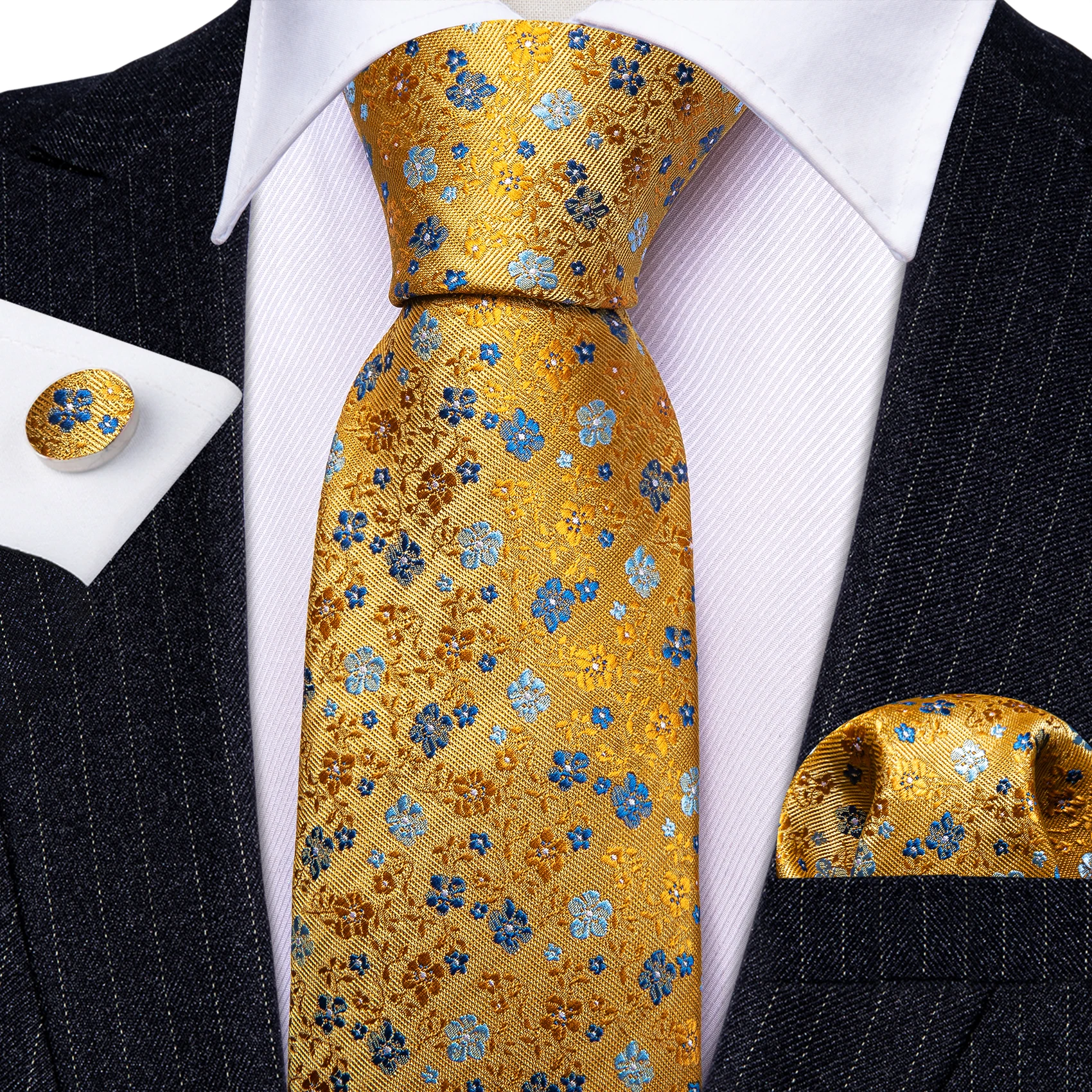 Men Tie Hankerchief Cufflink Set Plum Blossom Rose Spiraea Necktie Cravat For Male Wedding Party Business Neck Tie Pocket Square Mini Handkerchief