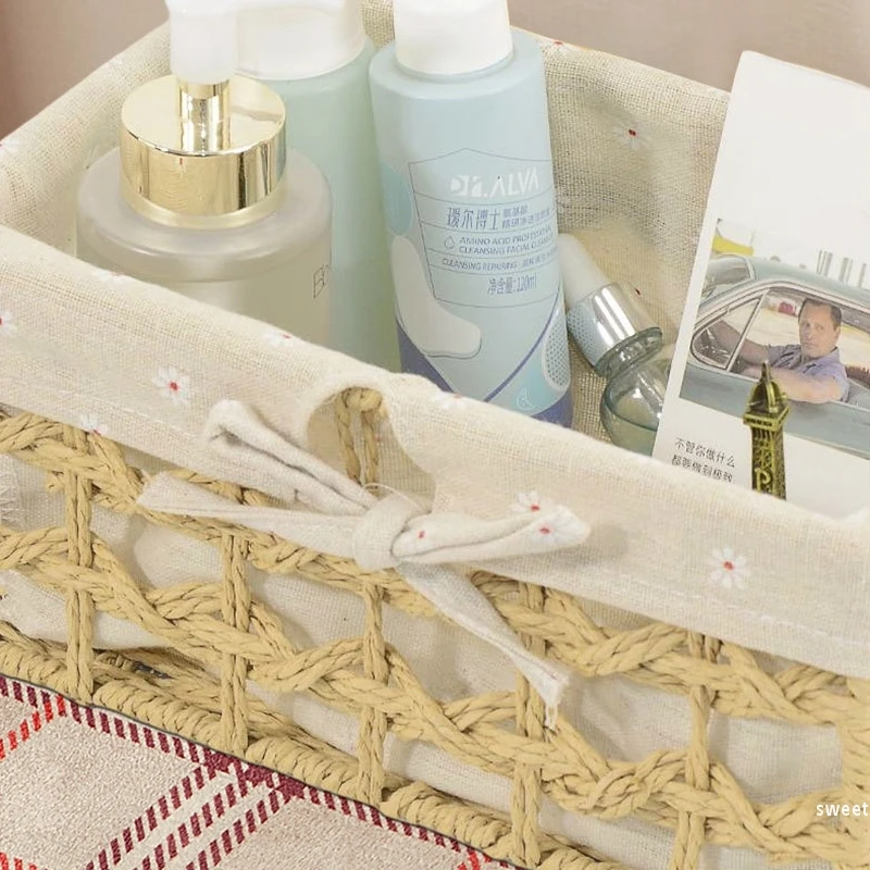 Fabric Lining Storage Basket Imitation Rattan Weaving Desktop Sorting Cosmetics Sundries Toy Storage Basket Cabinet Organizer 6