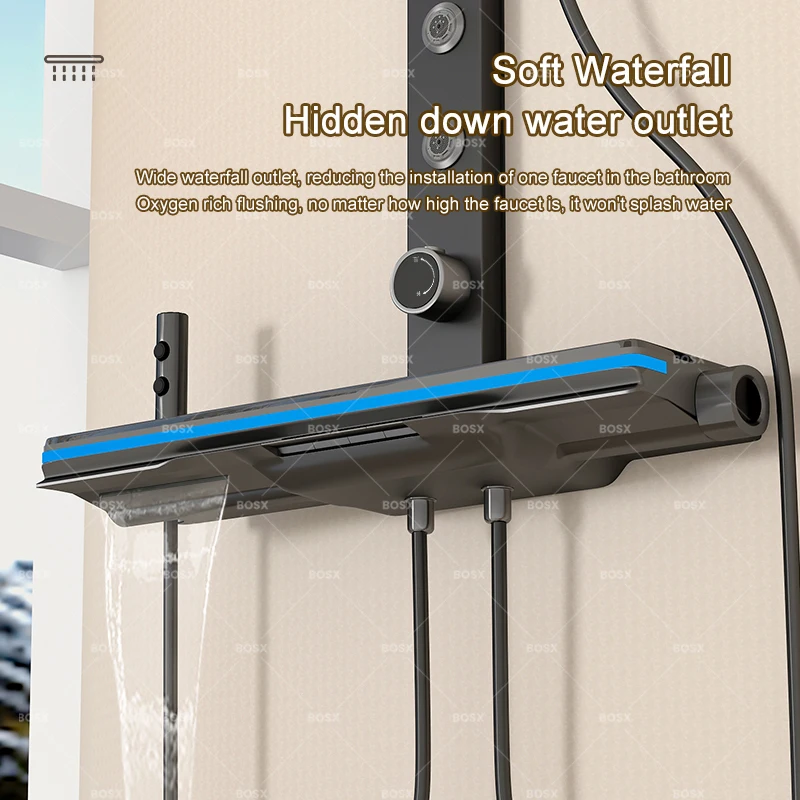 Grey Bathroom Shower Set Waist Spray Smart Digital Display Shower Faucet Full Set Hotel Apartment Bathtub Rainfall Shower System 2