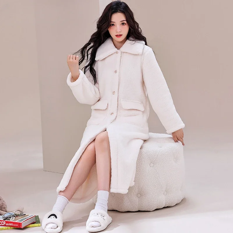 

Women Winter Extra Long Warm Coral Fleece Bathrobe Lapel Single Breasted Flannel Bath Robe Dressing Gown Spa Bride Sleepwear