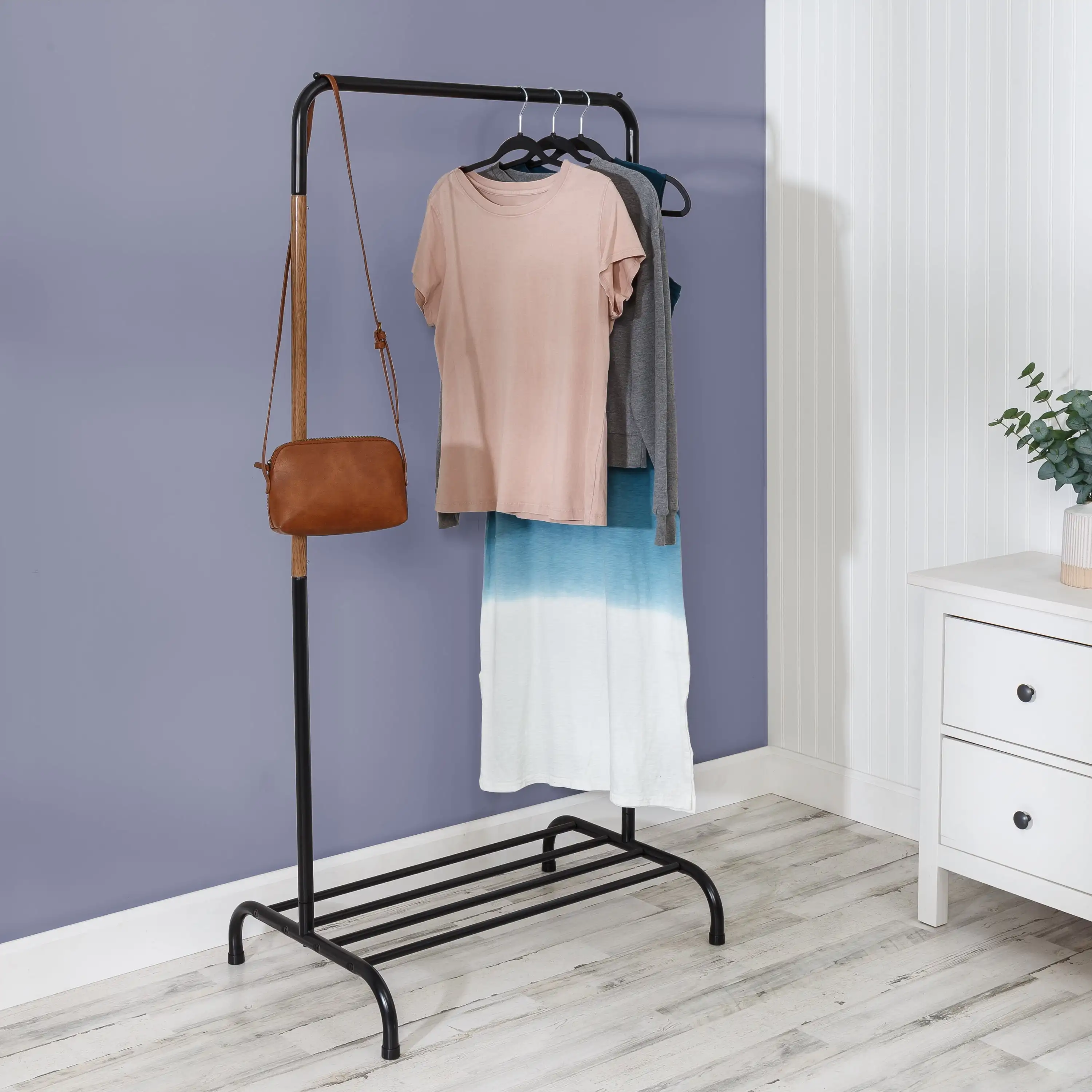 

Honey Can Do Single Garment Rack with Shoe Shelf and Hanging Bar for Clothes, Black/Natural
