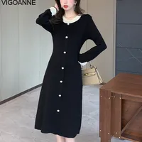 VigoAnne 2025 Female Spring Autumn Solid Knit Dress Woman Long Sleeve O Neck Knitted Dresses Lady Party Tight Long Sweater Dress 1