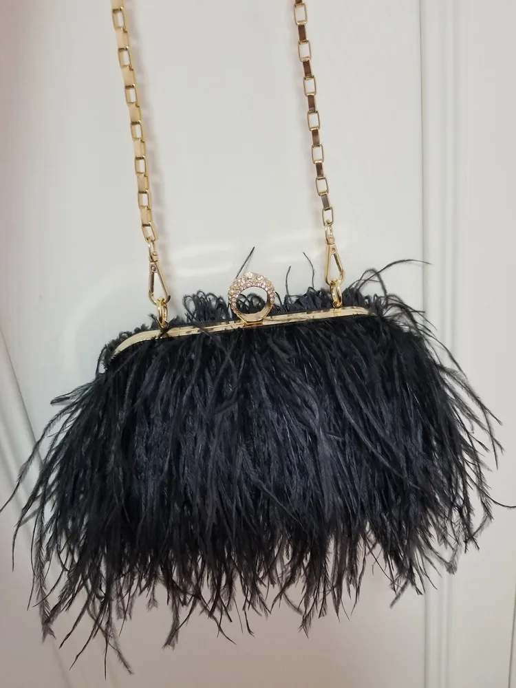 2022 Luxury Ostrich Feather Party Evening Clutch Bag Women Wedding Purses and Handbags Small Shoulder Chain Bag Designer Bag 