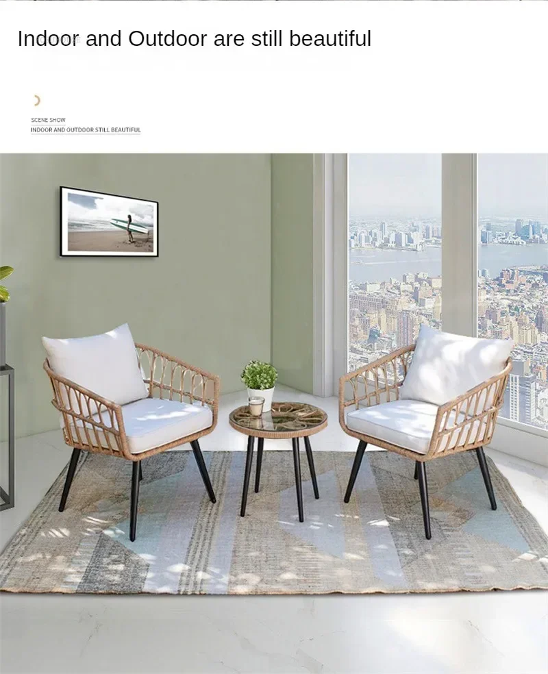 Nordic PE Rattan Garden Furniture Sets Balcony Courtyard Outdoor Table and Chair Set Waterproof Leisure Single Chair Furniture E