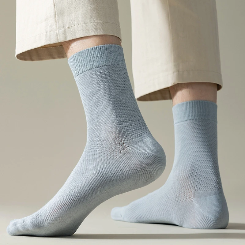 10 Pair Mens Pure Cotton Socks Mesh Crew Thin Breathable Antibacterial Deodorant Casual Long Mid Tube Dress Socks Spring Summer