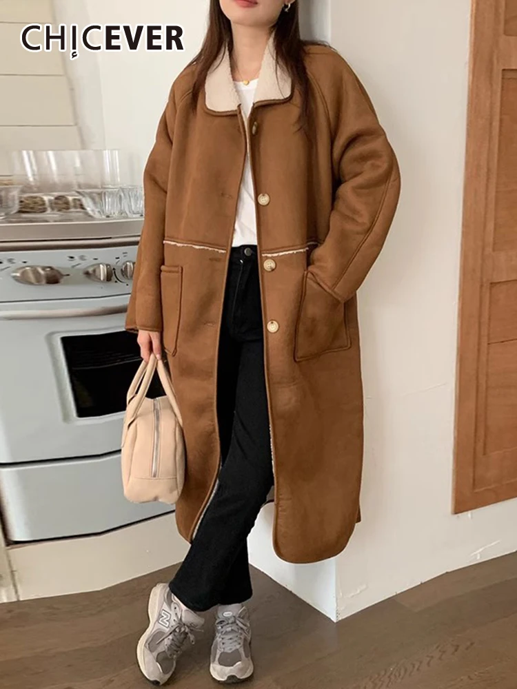 

CHICEVER Korean Vintage Loose Coats For Women Lapel Long Sleeve Single Breasted Patchwork Pockets Minimalist Casual Coat Female