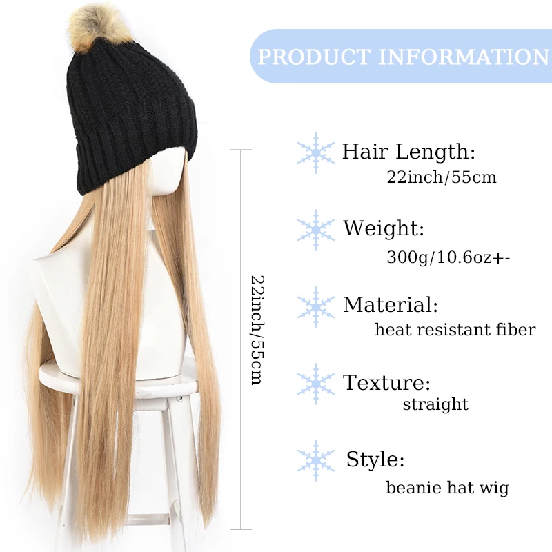 Beanie Hat Wig Hair Extensions Knit Beanie with Attached Long Straight Hair Synthetic Extensions Hairpiece for Women Winter Use